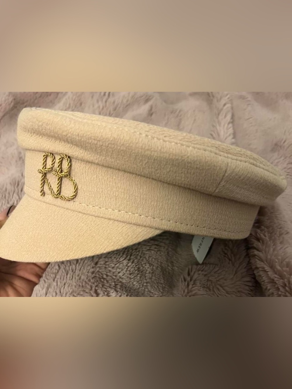 Cream Baker Boy Cap with Gold Rope Monogram Accent